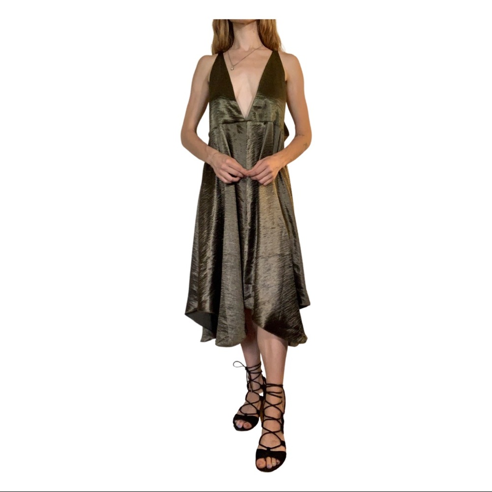Deep-V Metallic Olive Green Midi Dress by Maeve - Picture 3 of 15